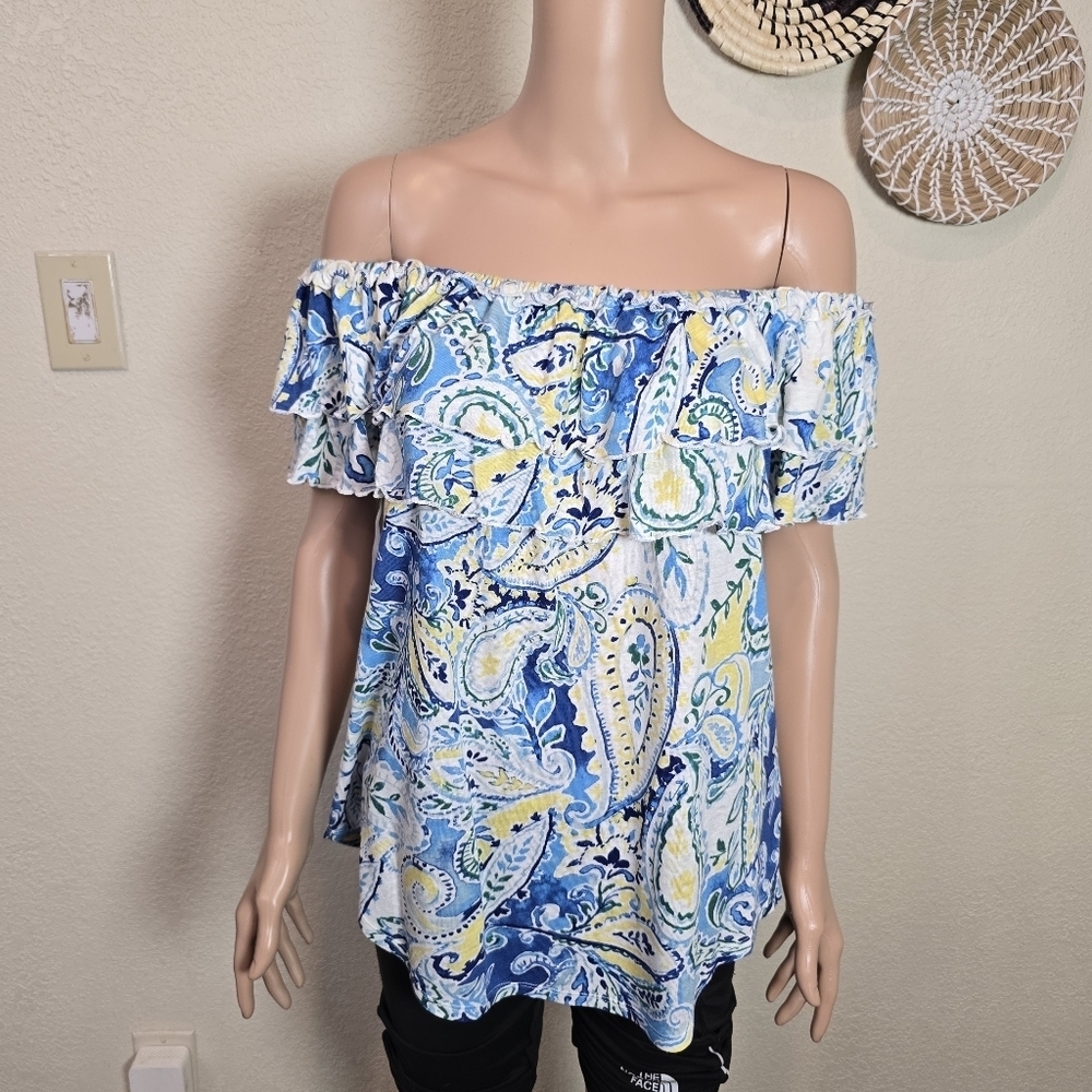Lauren Ralph Lauren Size L Paisley Off The Shoulder Ruffled Blouse Linen Blend